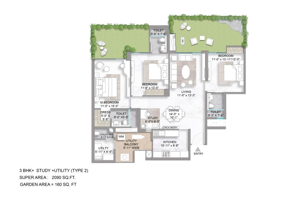 3 Bhk + Study + Utility Type 2 (2090)